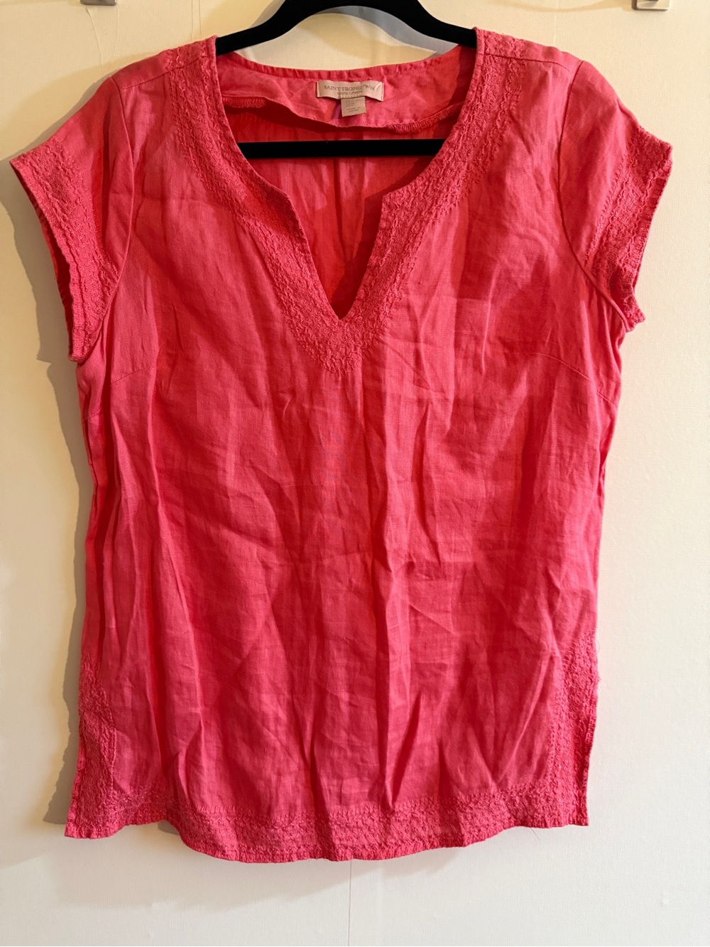 Saint Tropez West 100% Linen Coral Pink Embroidered V-Neck Blouse Size M